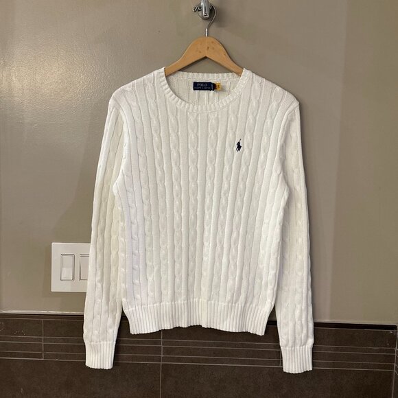 (NWOT) Polo Ralph Lauren Textural Cable-Knit Cotton Crewneck Sweater (White) - Picture 7 of 16